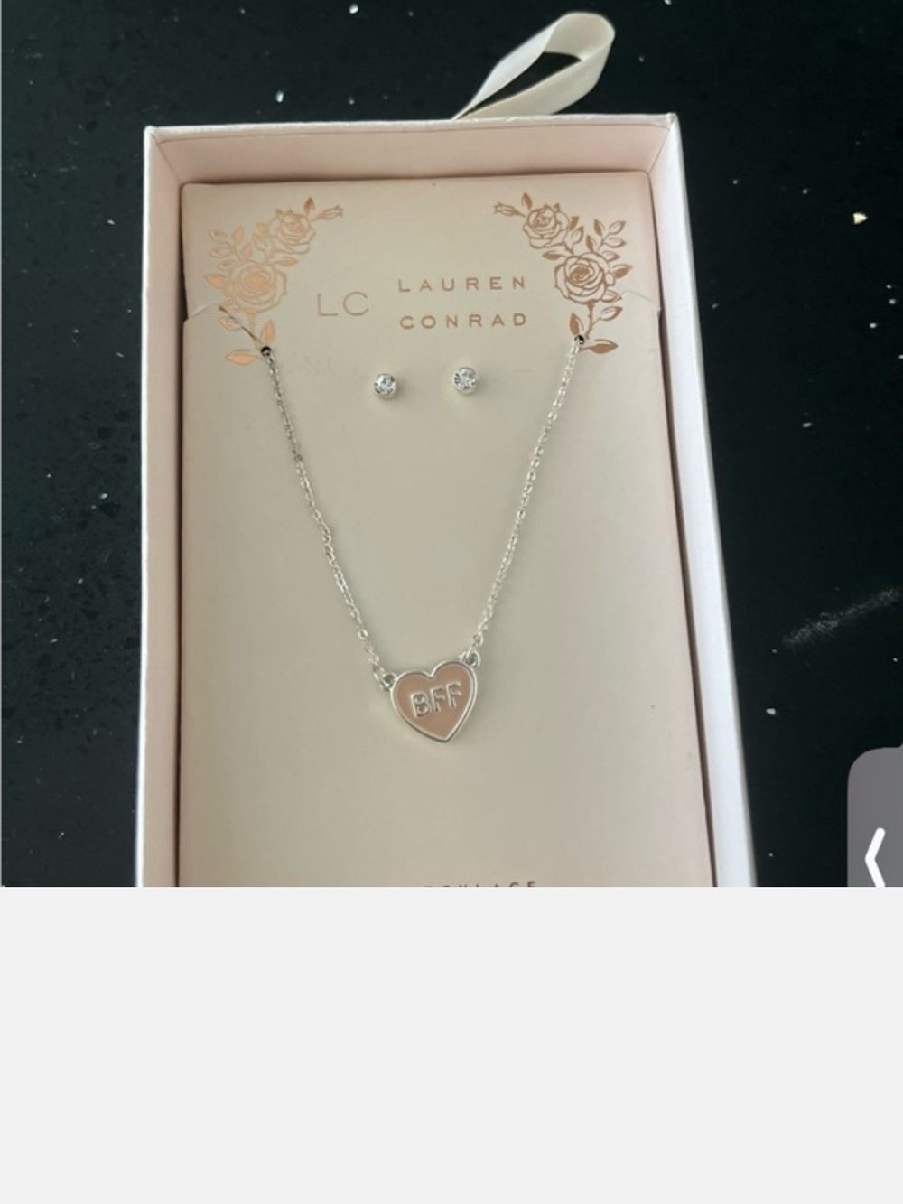 LC Lauren Conrad Silver Heart "BFF" Necklace with Stud Earrings Brand New